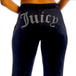 Juicy Couture Bling JUICY BOOTY Rhinestone Diamond Black Velour Joggers Pockets